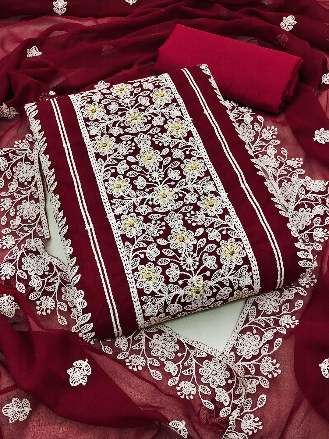 

SHADOW & SAINING Ethnic Motifs Embroidered Silk Georgette Unstitched Dress Material, Maroon