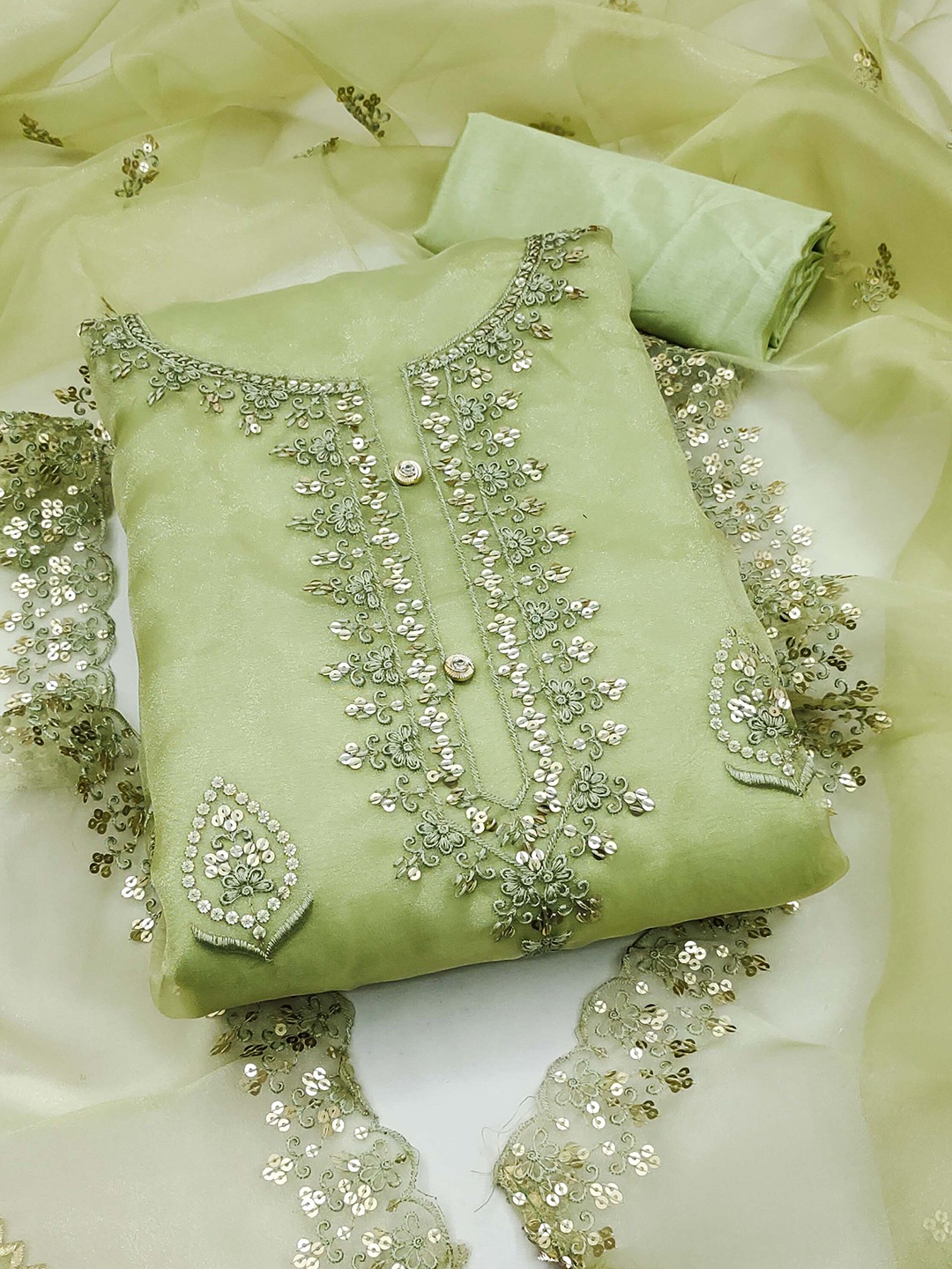 

SHADOW & SAINING Ethnic Motifs Embroidered Organza Unstitched Dress Material, Green