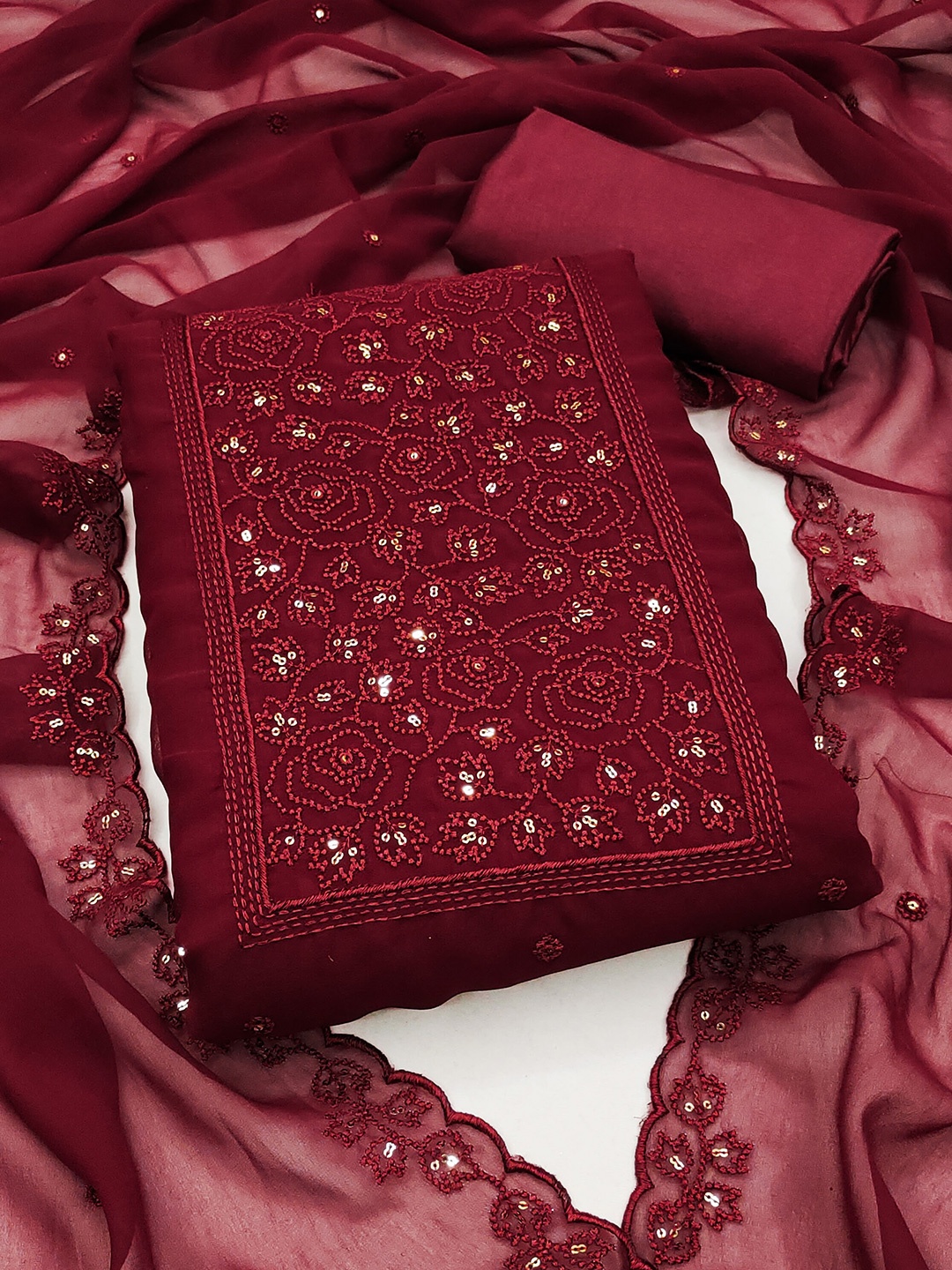 

SHADOW & SAINING Floral Embroidered Sequinned Unstitched Dress Material, Maroon
