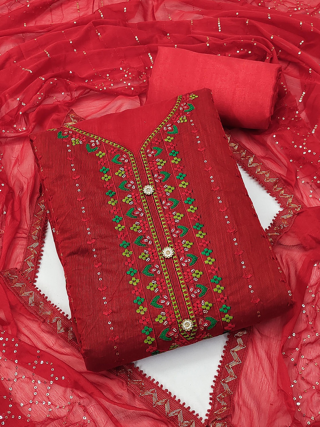 

SHADOW & SAINING Ethnic Motifs Embroidered Unstitched Dress Material, Red