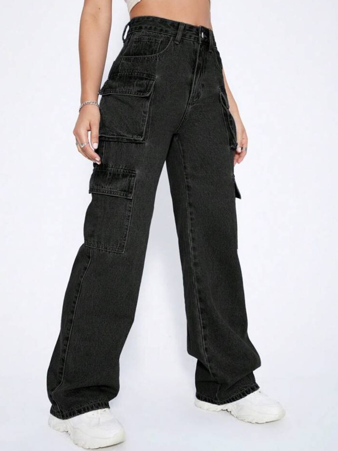 

BROADSTAR Women Smart Wide Leg High Rise Clean Look Stretchable Cargo Jeans, Black