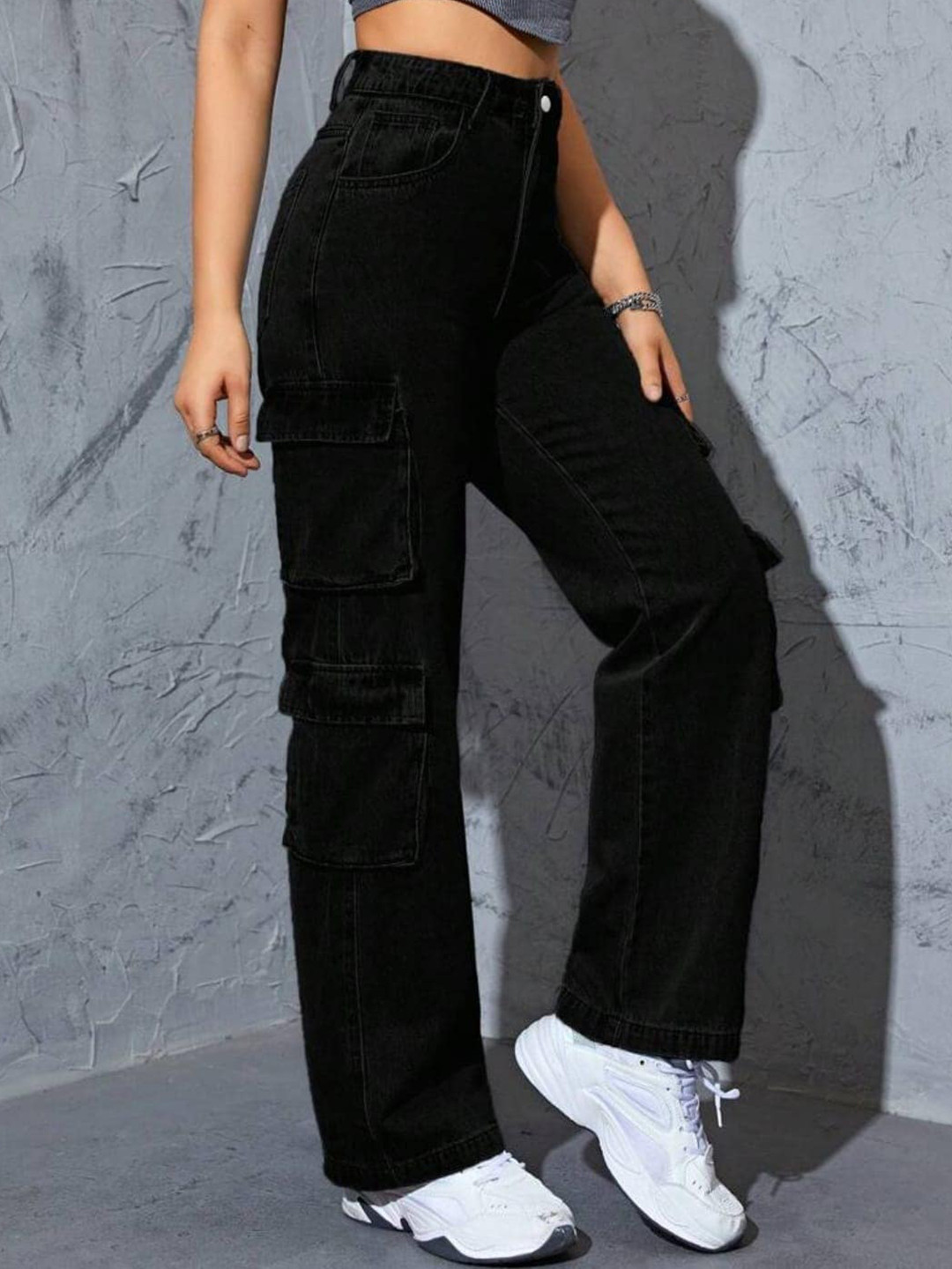 

BROADSTAR Women Black Smart Clean Look Wide Leg High-Rise Stretchable Jeans