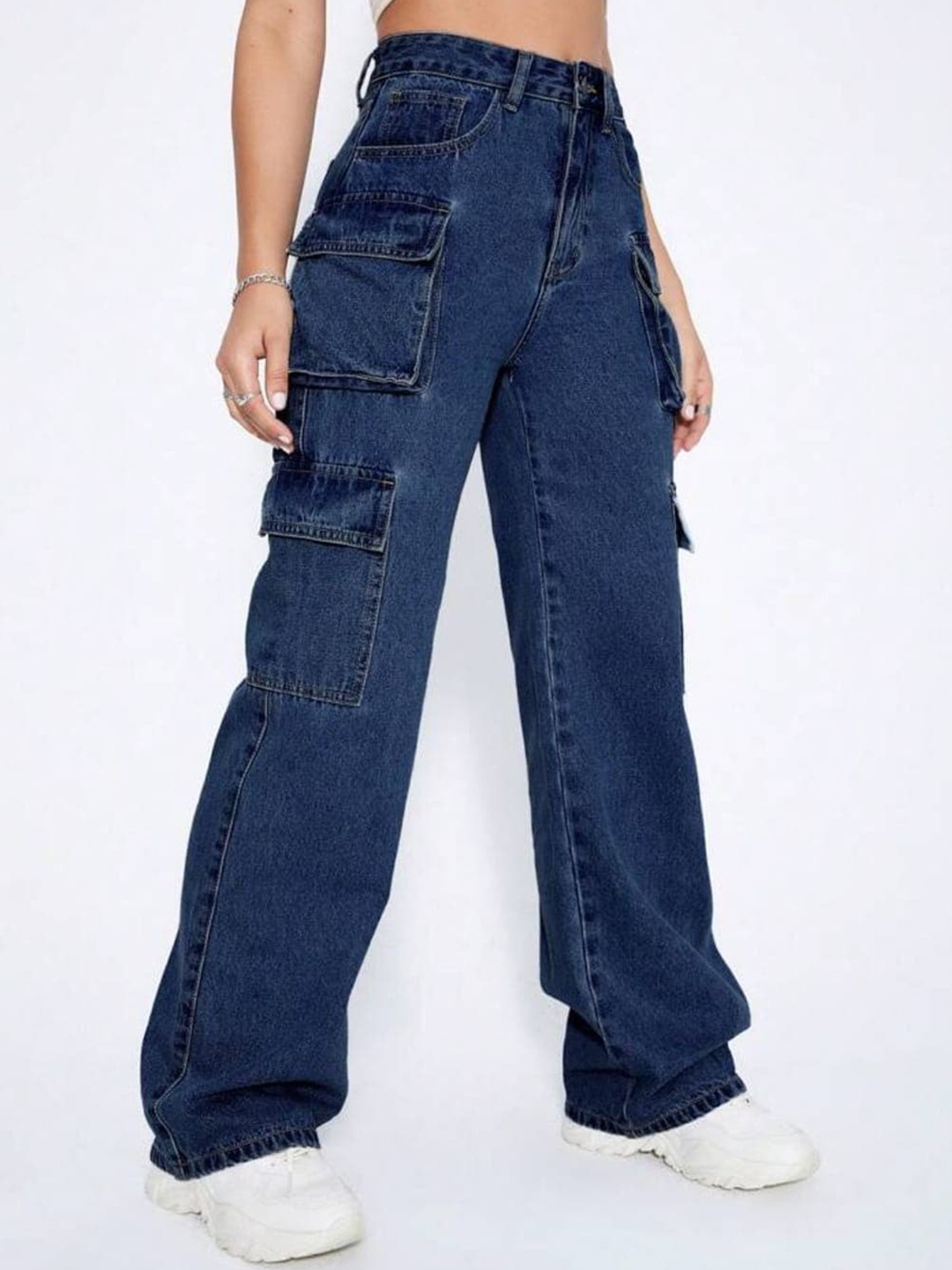 

BROADSTAR Women Smart Wide Leg High-Rise Low Distress Cotton Stretchable Jeans, Blue