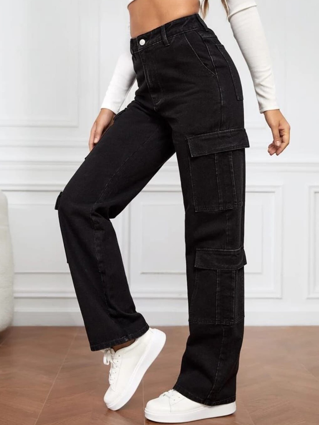 

BROADSTAR Women Smart Wide Leg High-Rise Stretchable Cargo Jeans, Black