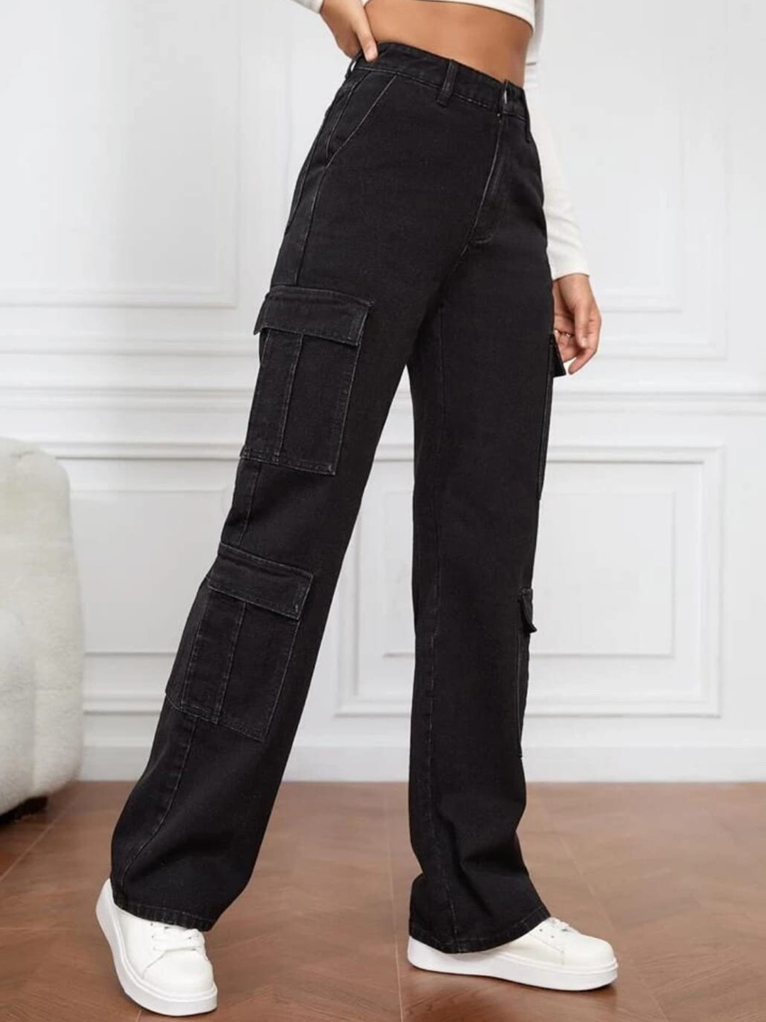 

Next One Women Smart Wide Leg Fit Stretchable Clean Look Cargo Jeans, Black