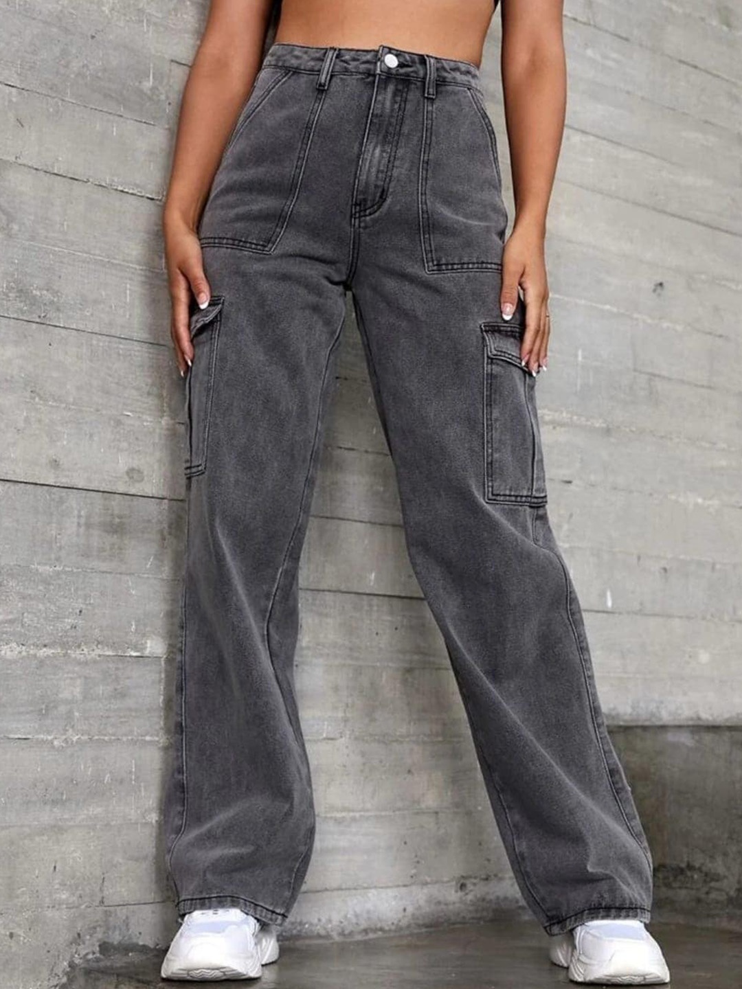 

Next One Women Smart Wide Leg High-Rise Heavy Fade Clean Look Stretchable Jeans, Grey