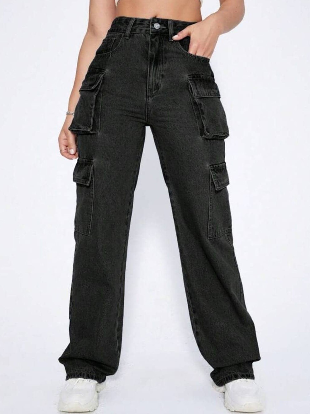 

Next One Women Smart Wide Leg High-Rise Clean Look Stretchable Cargo Jeans, Black