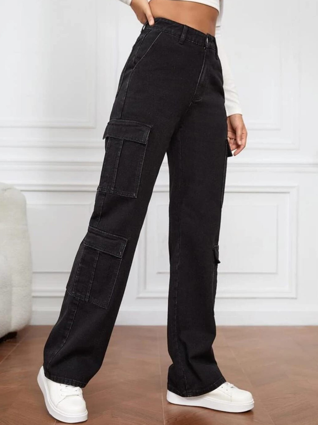 

Next One Women Smart Wide Leg High-Rise Clean Look Stretchable Cargo Jeans, Black