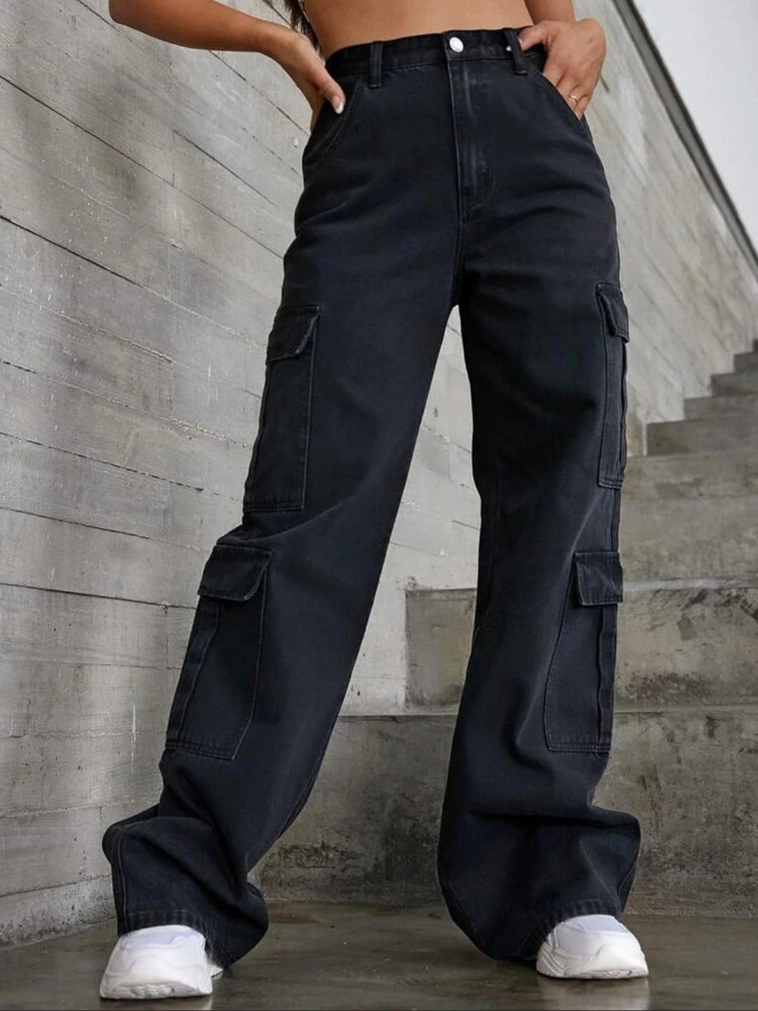 

Next One Women Smart Wide Leg High-Rise Light Fade Stretchable Cargo Jeans, Black