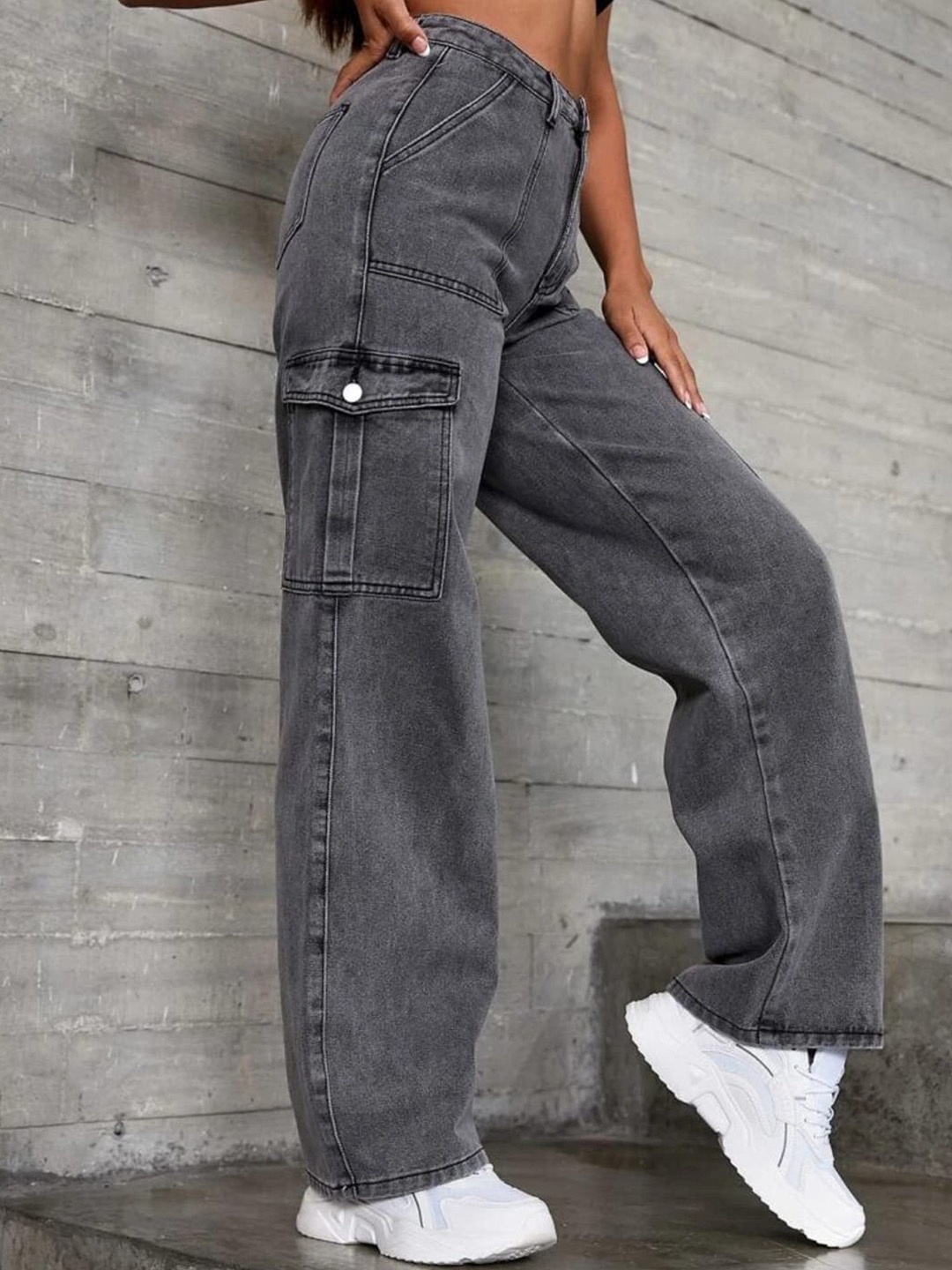 

Next One Women Smart Wide Leg High-Rise Light Fade Cotton Jeans, Grey