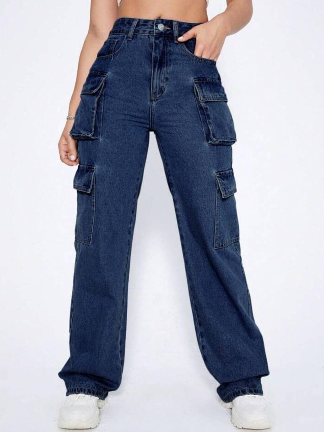 

Next One Women Smart Wide Leg Stretchable Clean Look Cargo Jeans, Blue