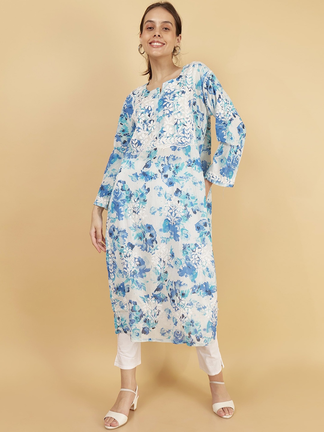 

Syrish Floral Printed Thread Work Straight Pure Cotton Kurta, Blue