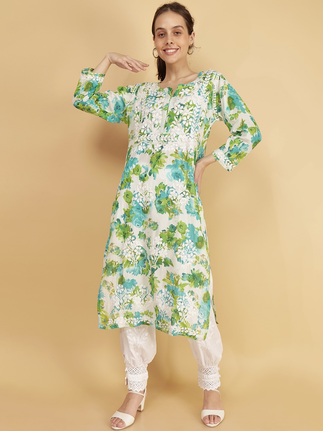 

Syrish Floral Printed Cotton Kurta, Green