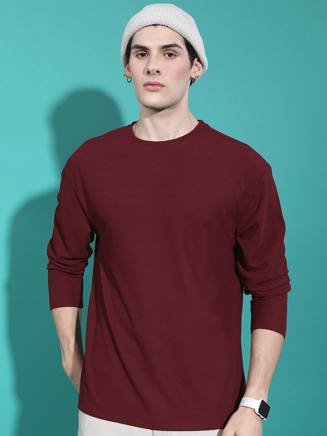 

HIGHLANDER Men Drop-Shoulder Oversized Popcorn Structure T-shirt, Maroon