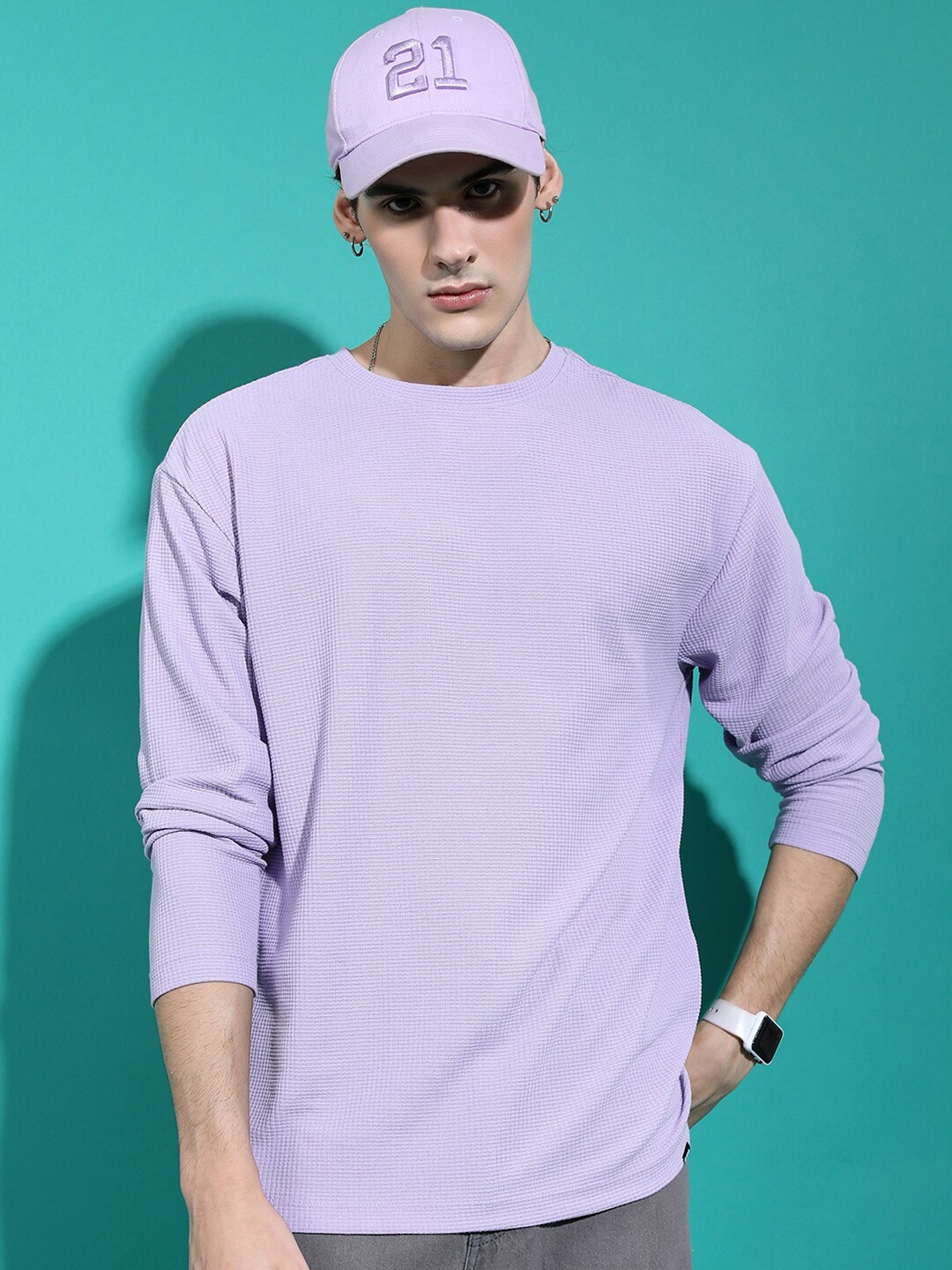 

Highlander Men Lavender Drop Shoulder Oversized Popcorn Structure T- shirt
