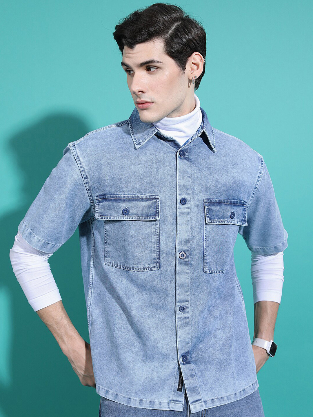

HIGHLANDER Faded Oversized Opaque Casual Shirt, Blue