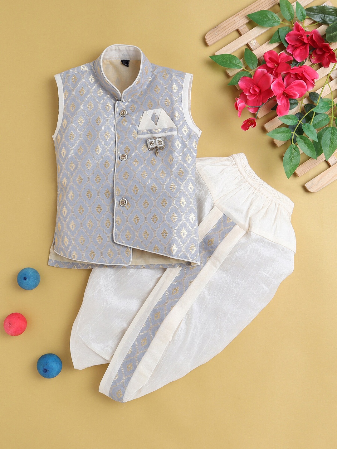 

BAESD Boys Self Design Mandarin Collar Coat With Dhoti Pants, Grey