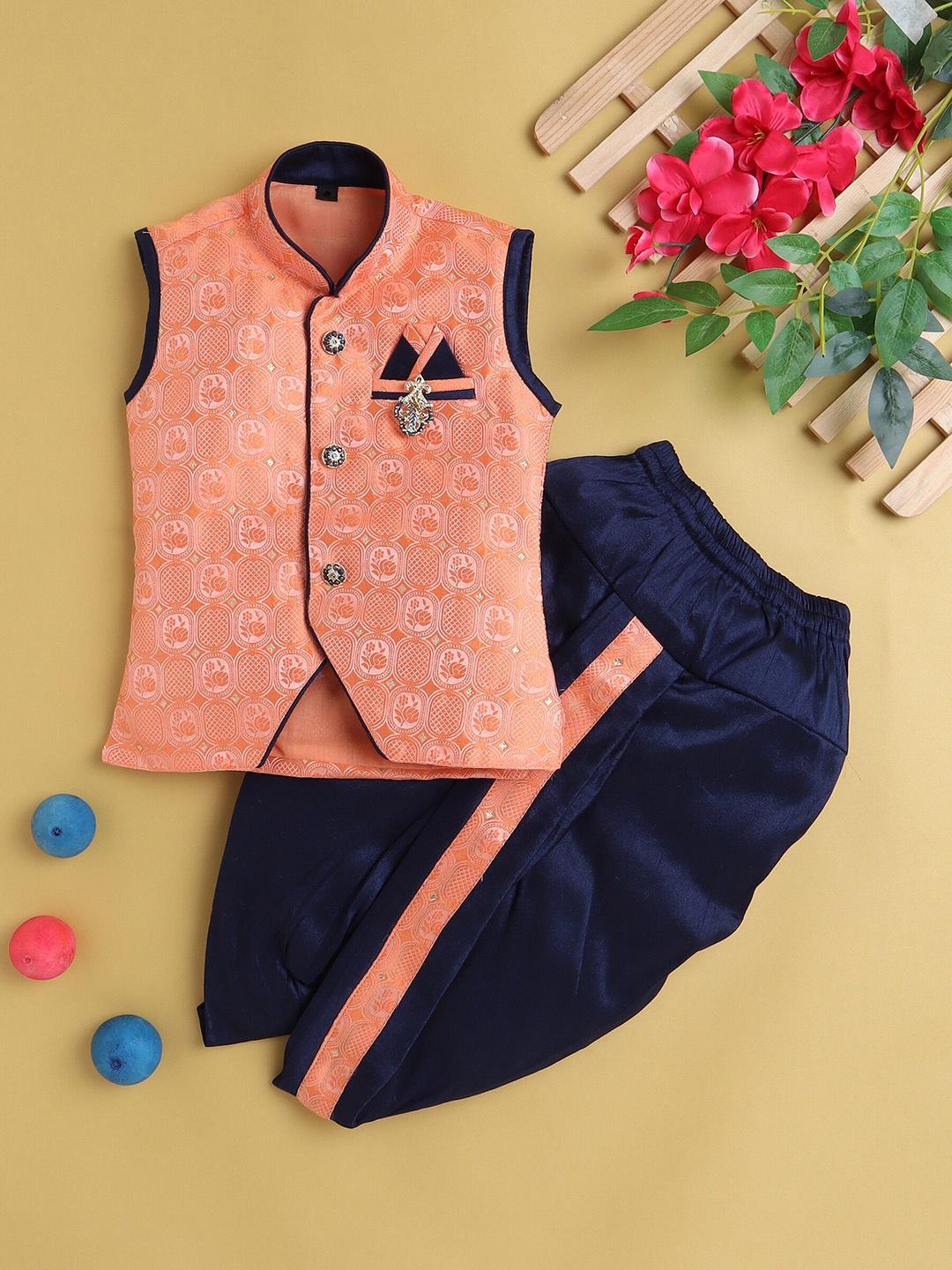 

BAESD Boys Floral Woven Designed Regular Kurta with Dhoti Pants, Orange