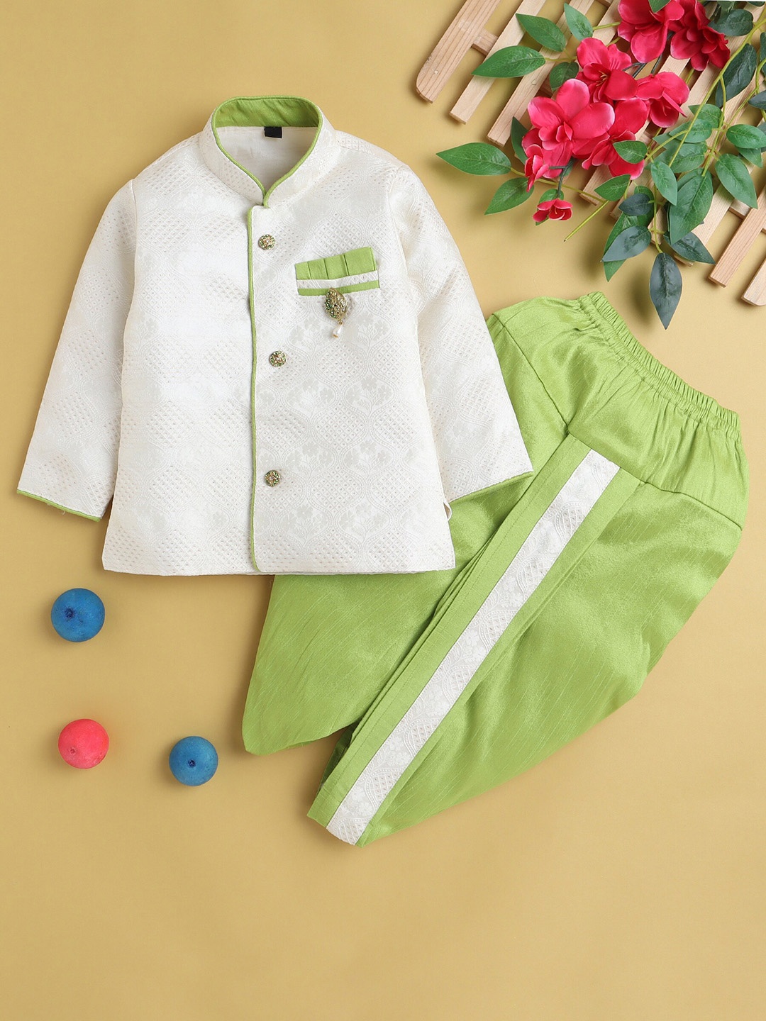 

BAESD Infant Boys Ethnic Motifs Woven Design Straight Kurta With Dhoti Pants, White