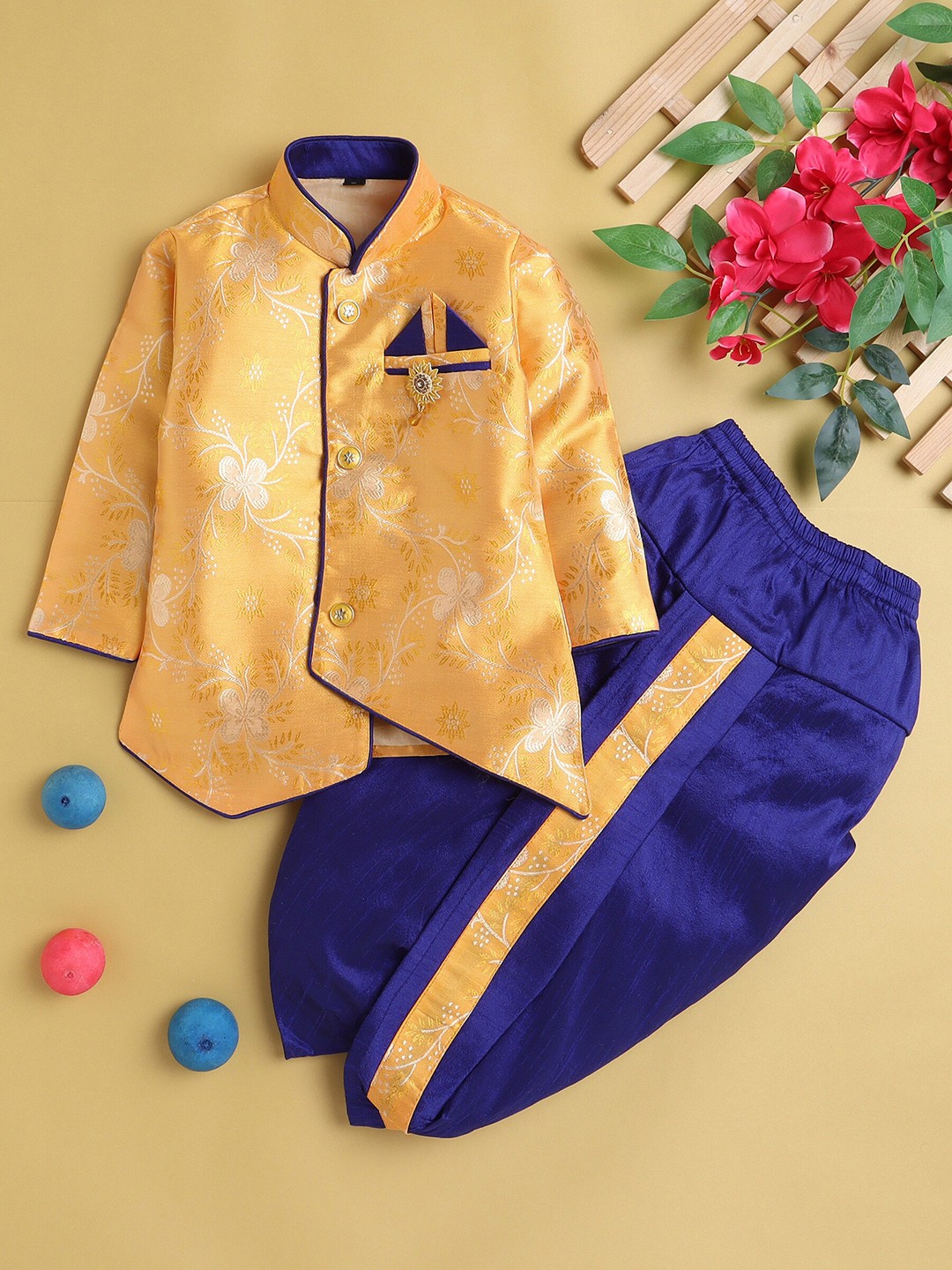 

BAESD Boys Floral Woven Design Mandarin Collar Kurta with Dhoti Pants, Yellow
