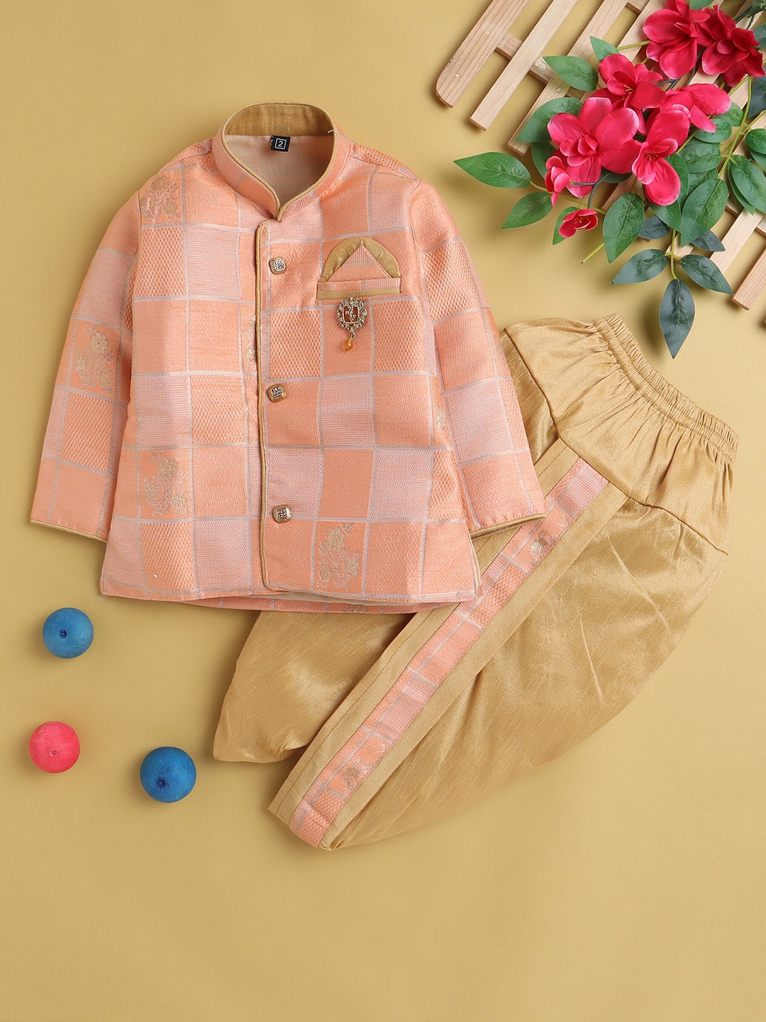 

BAESD Boys Checked Mandarin Collar Kurta With Dhoti Pants, Orange