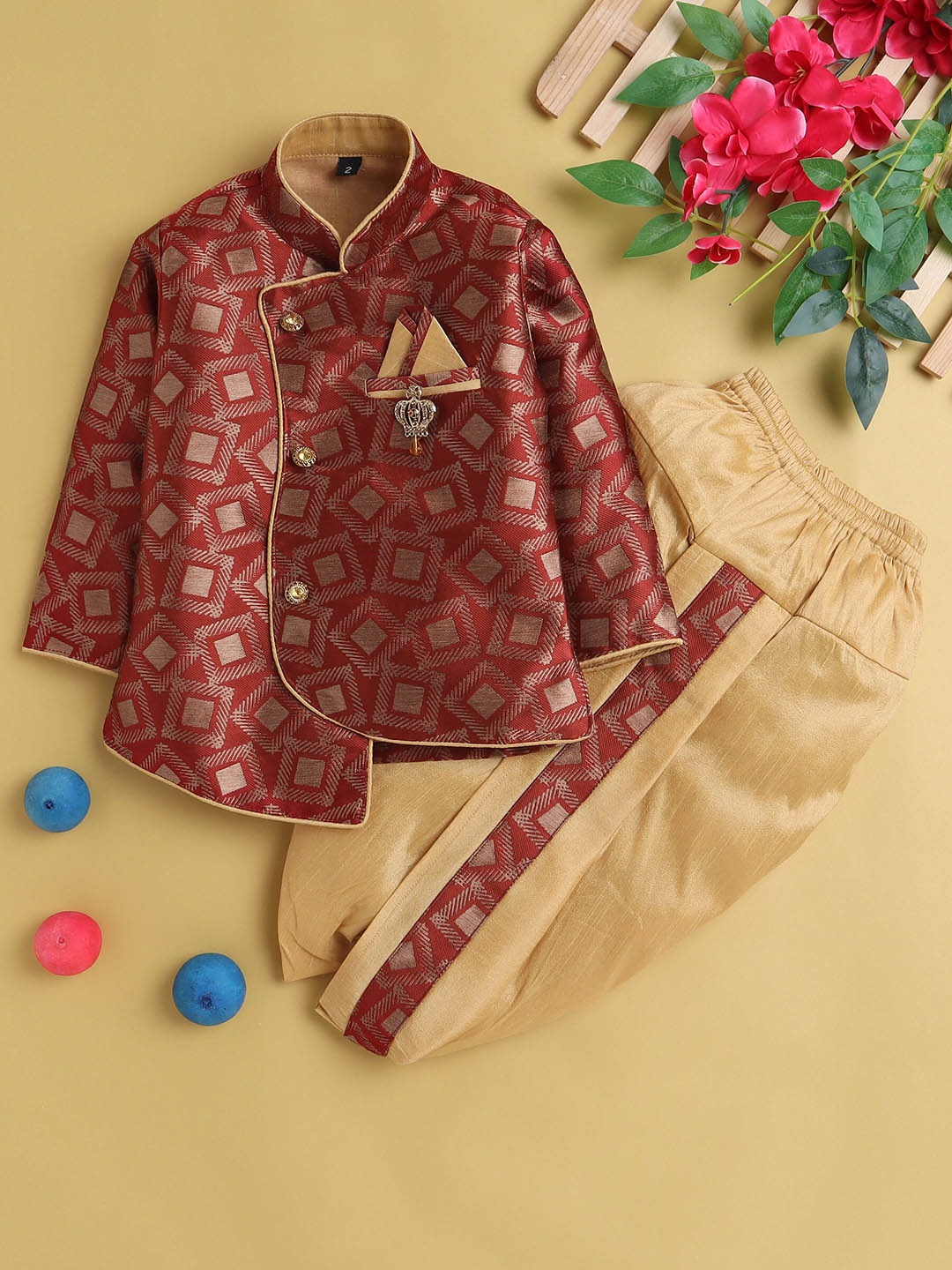 

BAESD Boys Self Design Mandarin Collar Coat With Dhoti Pants, Maroon