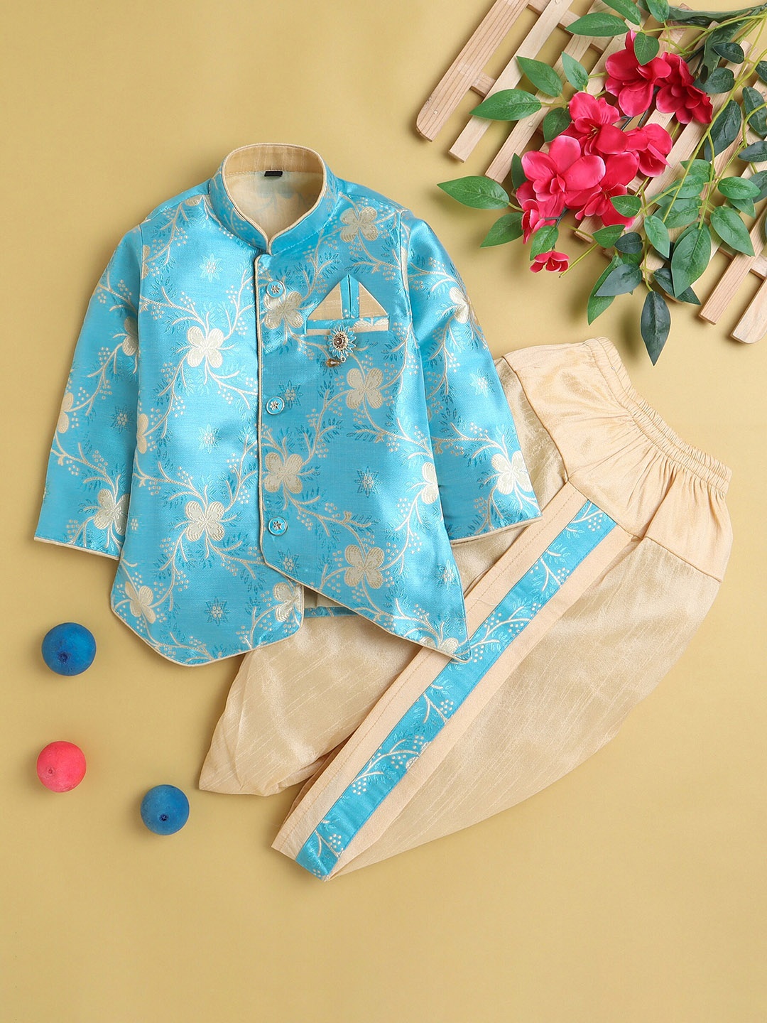 

BAESD Boys Floral Woven Design Kurta With Dhoti Pants, Blue