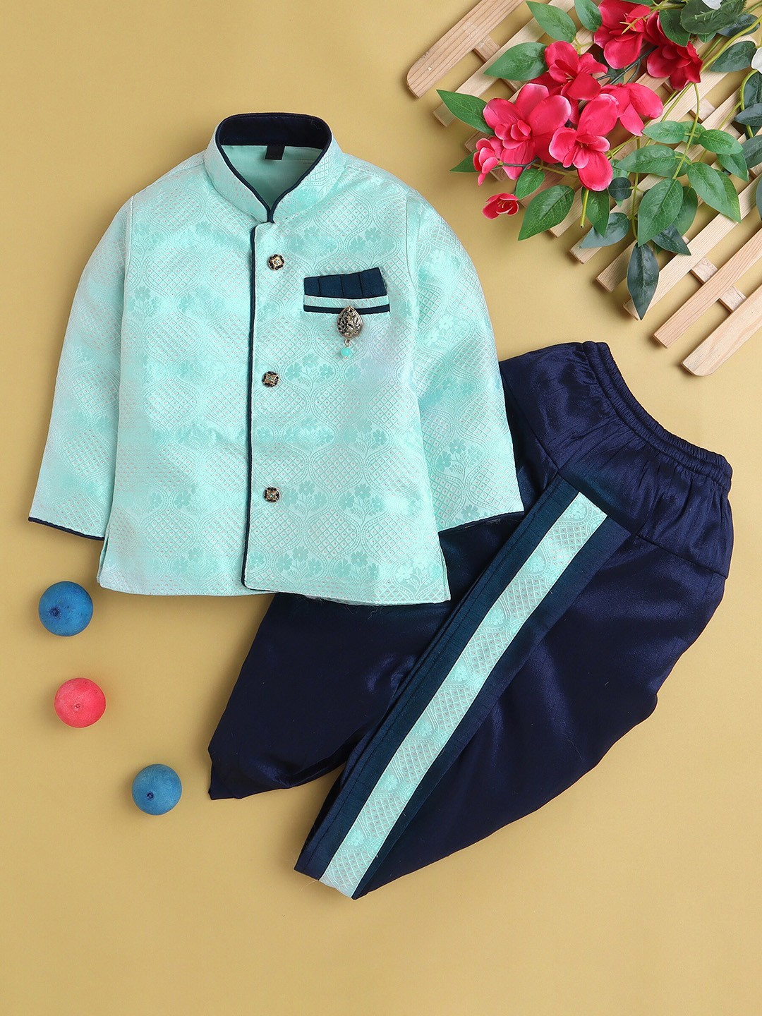 

BAESD Boys Ethnic Motifs Woven Design Mandarin Collar Kurta with Dhoti Pants, Blue