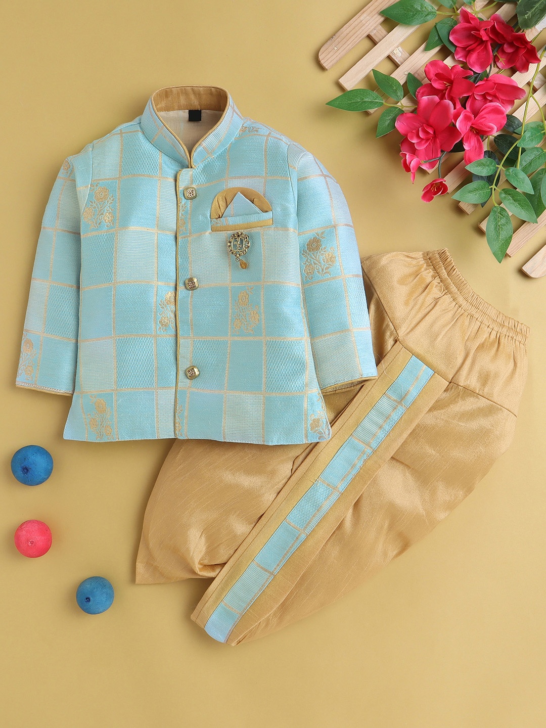 

BAESD Boys Floral Woven Designed Regular Kurta with Dhoti Pants, Blue