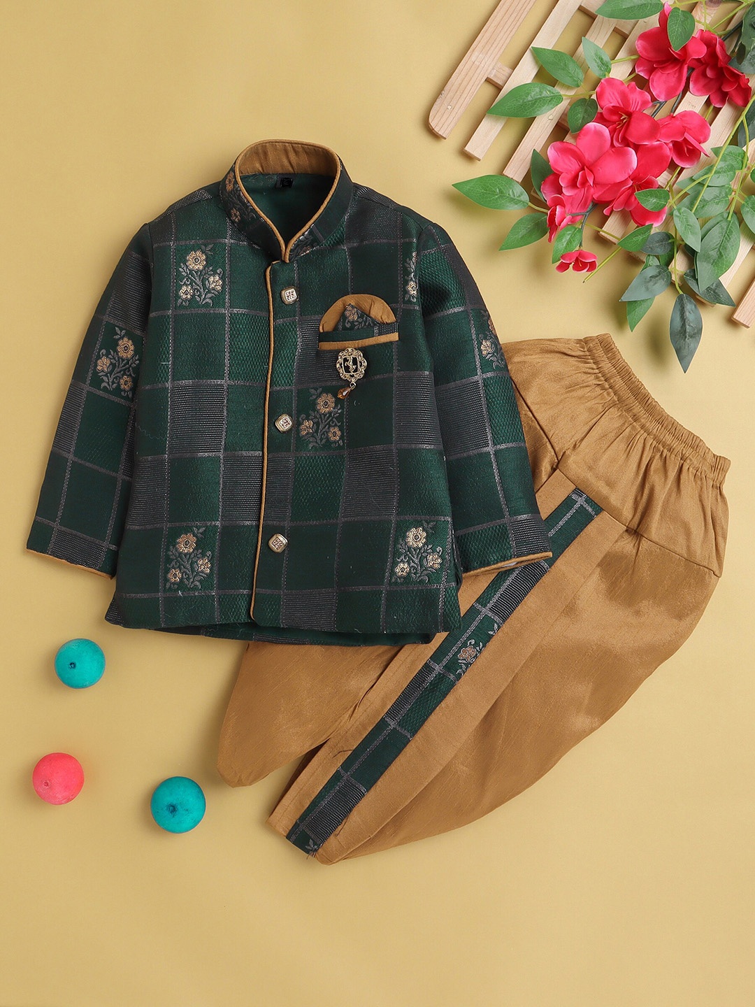 

BAESD Boys Floral Woven Design Band Collar Straight Kurta With Dhoti Pant, Green