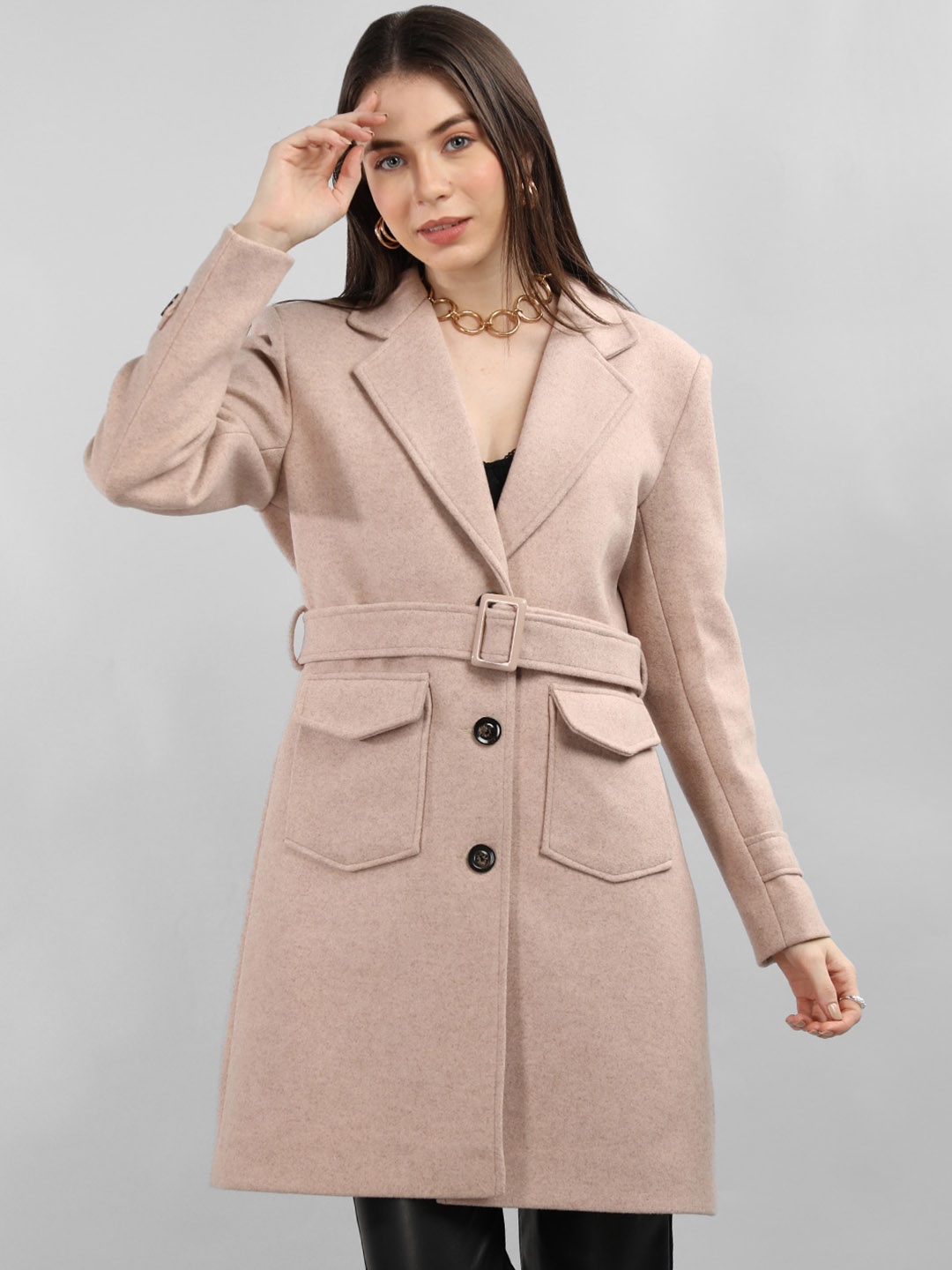 

Plagg Belted Single-Breasted Longline Wool Trench Coat, Camel brown