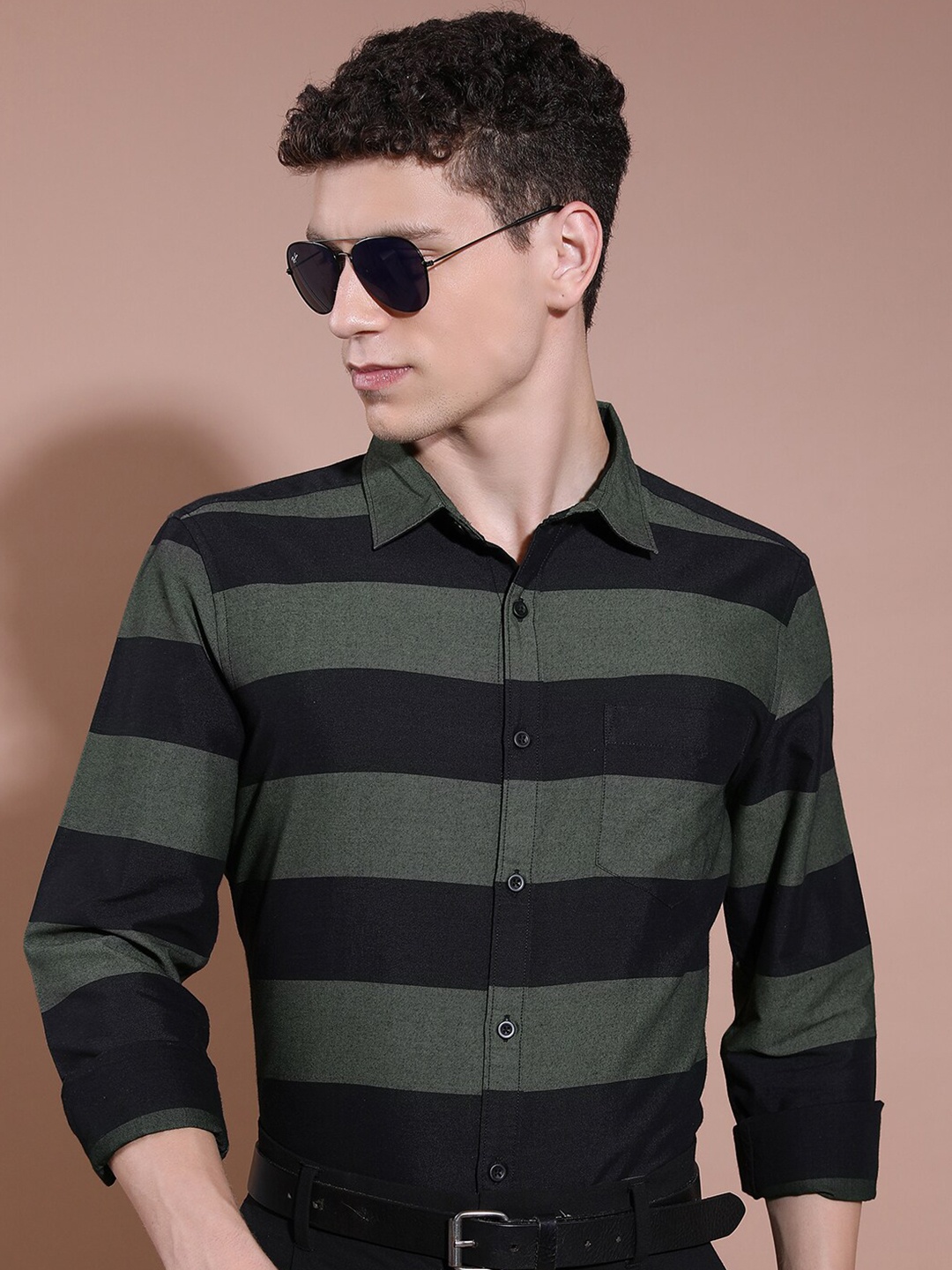 

KETCH Slim Fit Horizontal Stripes Casual Shirt, Olive