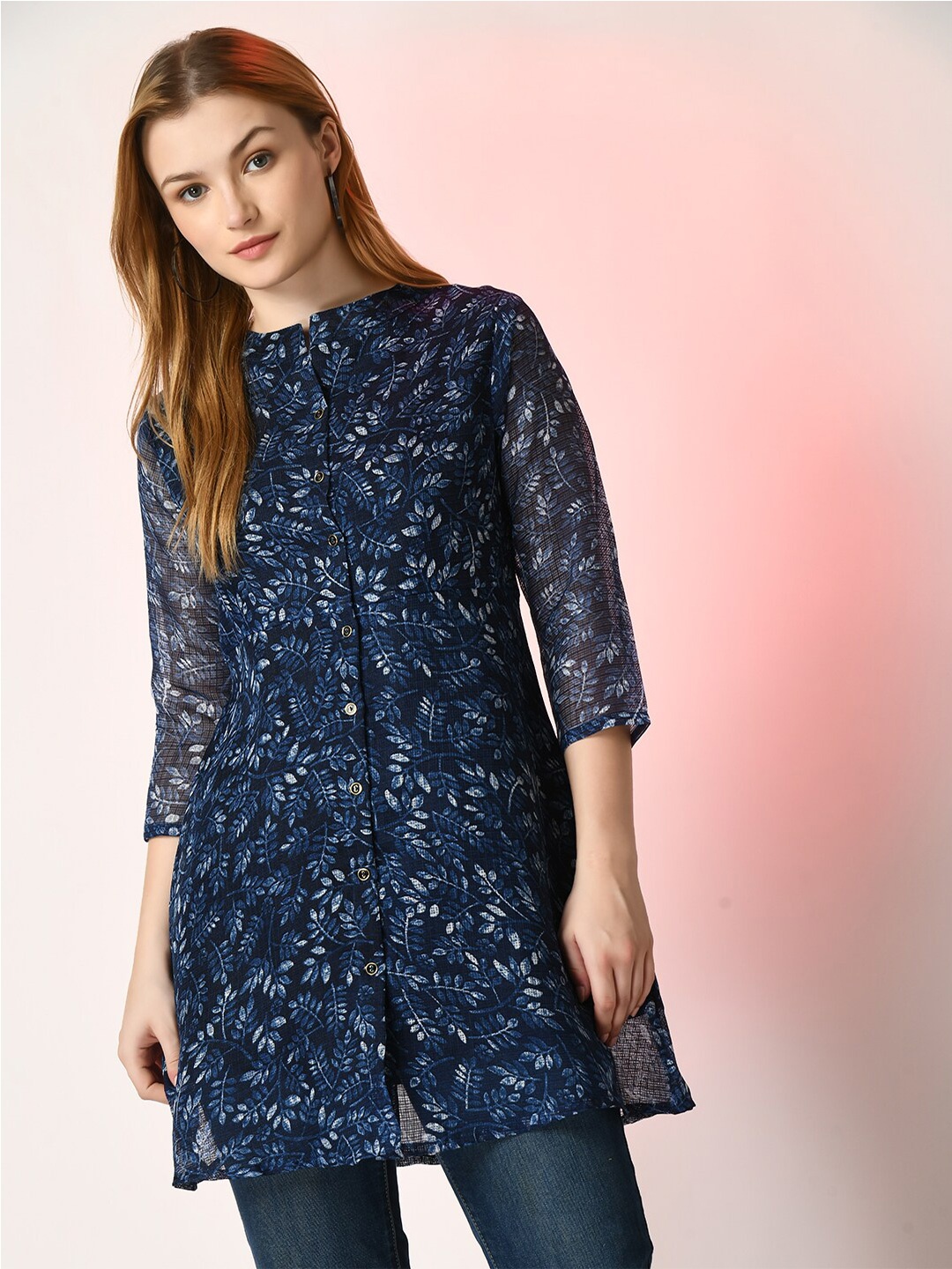 

Sangria Floral Printed Cotton Tunic, Navy blue