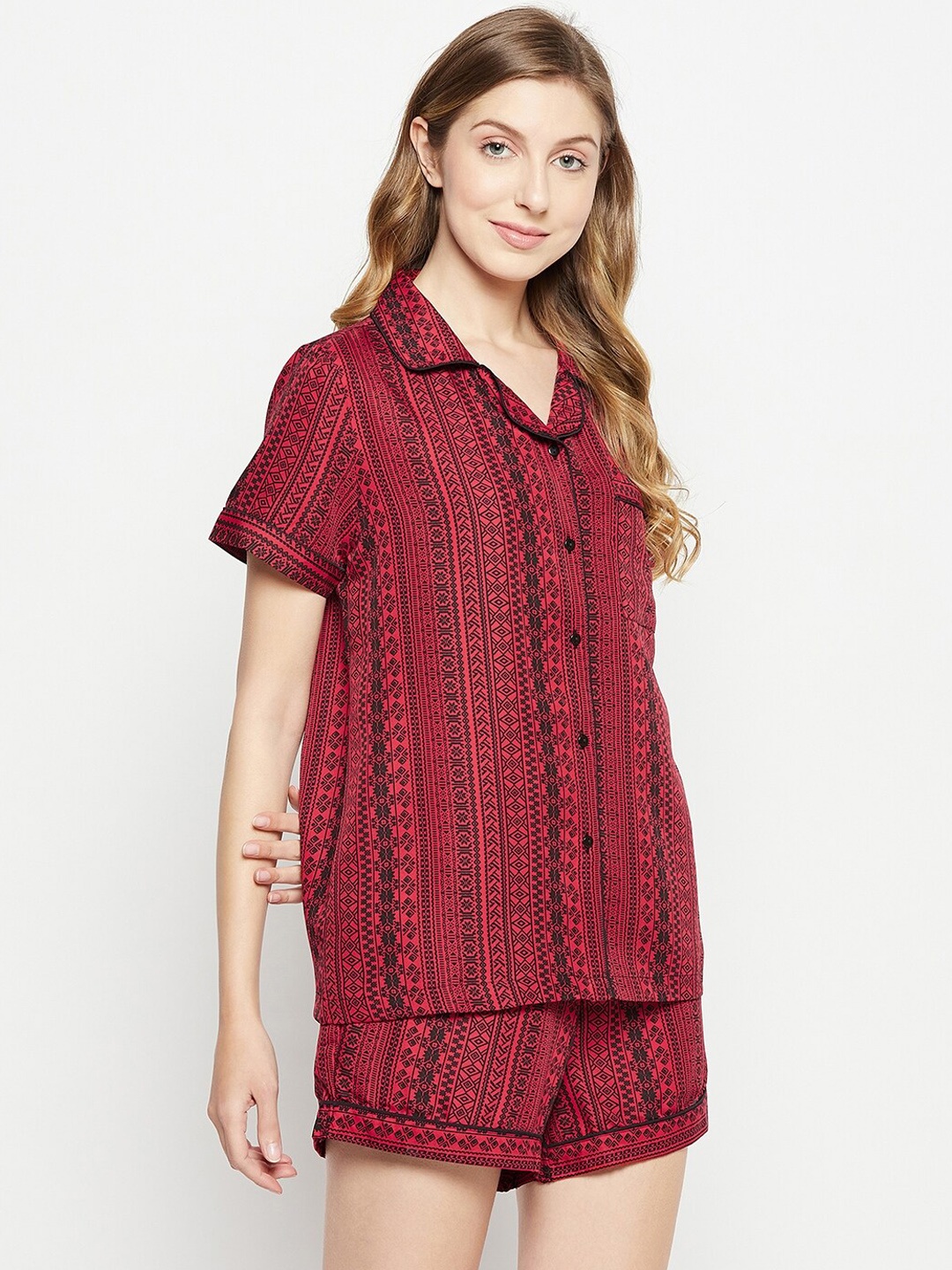 

Nuwah Geometric Printed Shirt With Shorts, Red