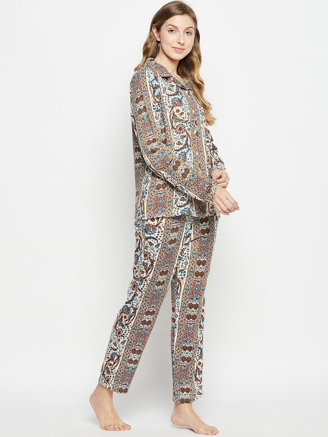 

Nuwah Floral Print Lapel Collar Long Sleeve Night Suit, Brown