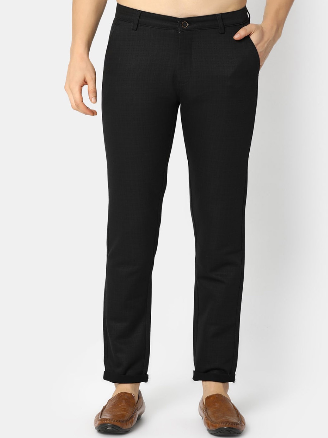 

V-Mart Men Checked Slim Fit Cotton Trousers, Black