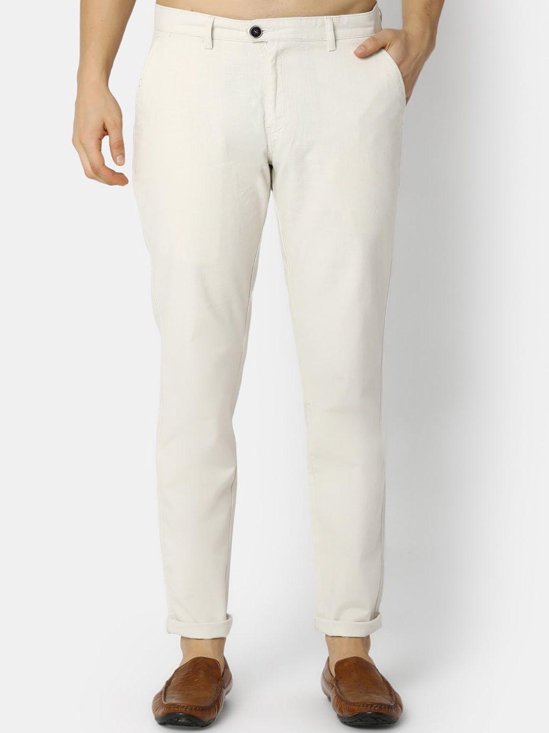 

V-Mart Men Slim Fit Cotton Chinos Trousers, Cream