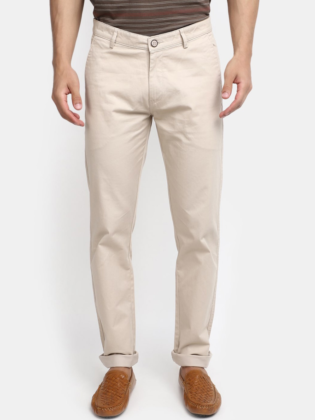 

V-Mart Men Slim Fit Cotton Chinos Trousers, Cream