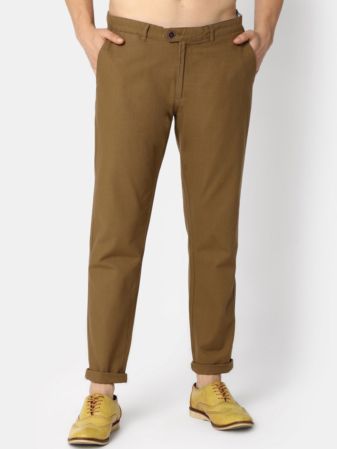 

V-Mart Men Mid Rise Slim Fit Plain Cotton Chinos Trousers, Brown