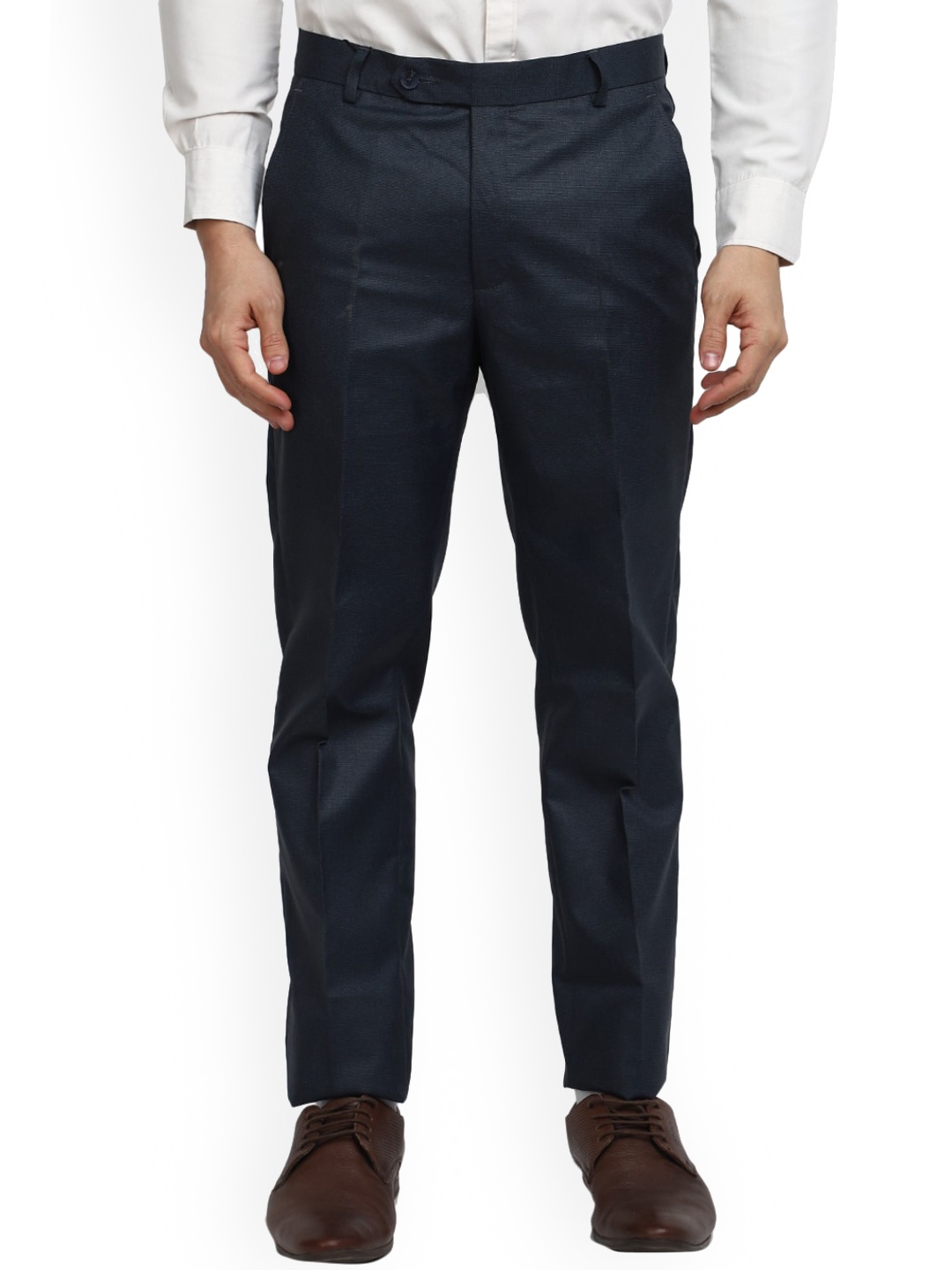 

J White by Vmart Men Mid Rise Slim Fit Plain Cotton Formal Trousers, Blue