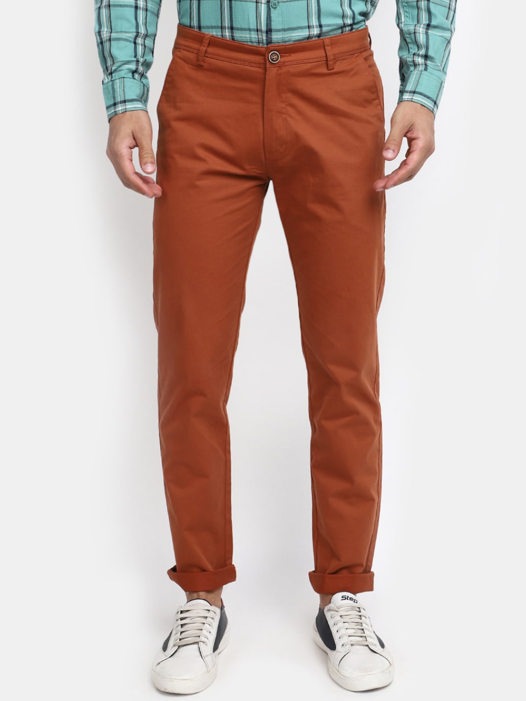 

V-Mart Men Mid Rise Slim Fit Plain Cotton Chinos Trousers, Rust