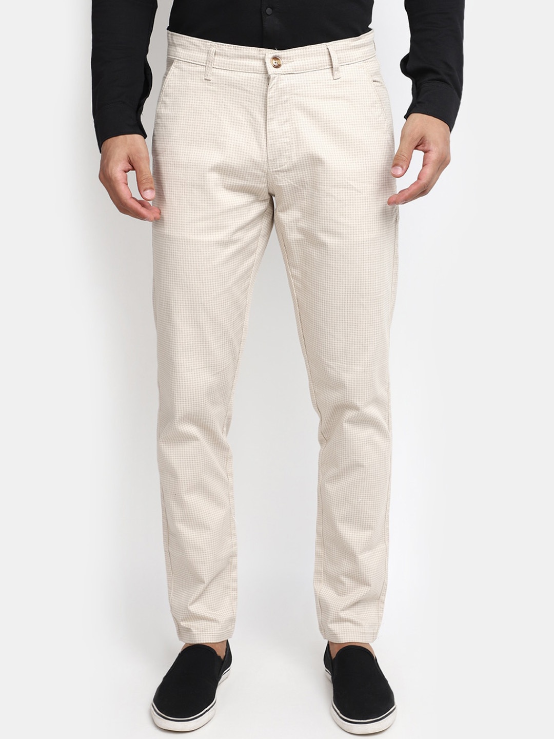 

V-Mart Men Mid Rise Slim Fit Plain Cotton Chinos Trousers, Beige