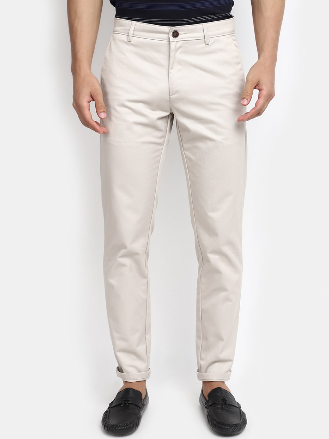 

V-Mart Men Mid Rise Slim Fit Plain Cotton Chinos Trousers, Cream