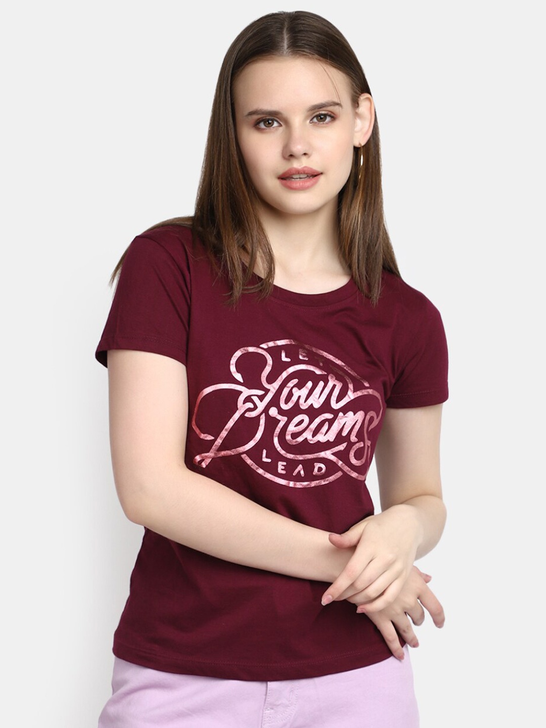 V-Mart Typography Printed Cotton Casual T-shirt, Maroon