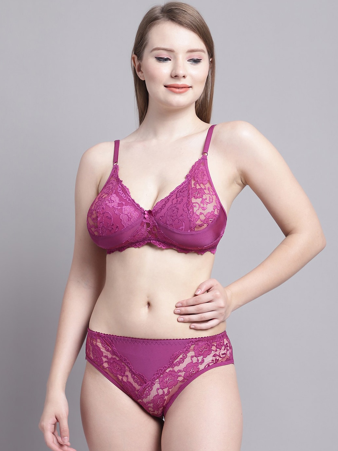 

GRACIT Self Designed Lace Lingerie Set, Purple