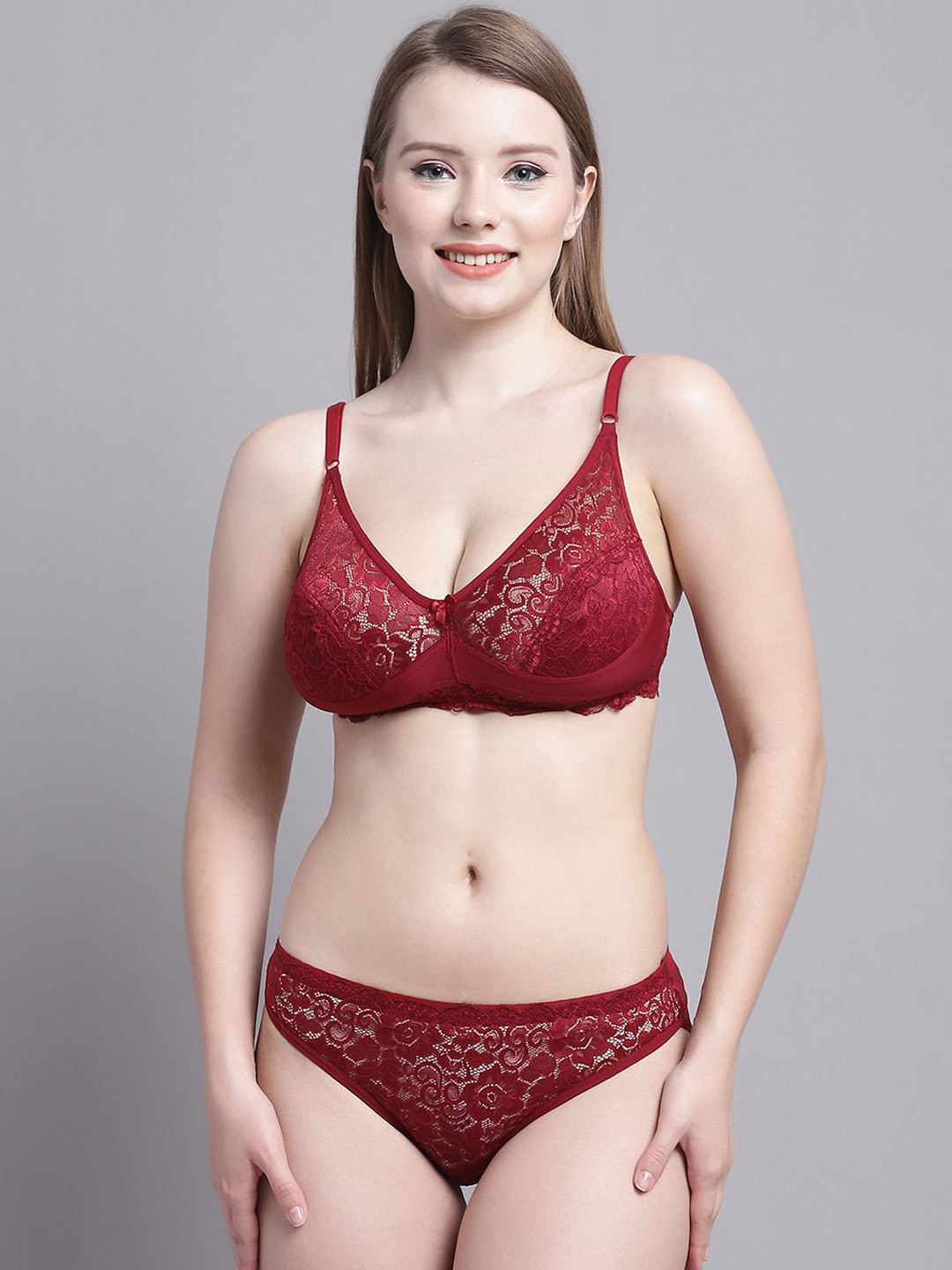 

GRACIT Self Designed Lace Lingerie Set, Maroon