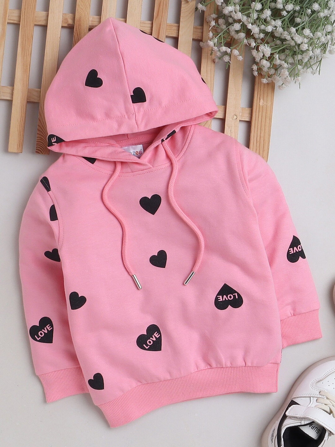 

BUMZEE Girls Conversational Printed Hooded Ribbed Cotton Pullover Sweatshirt, Pink