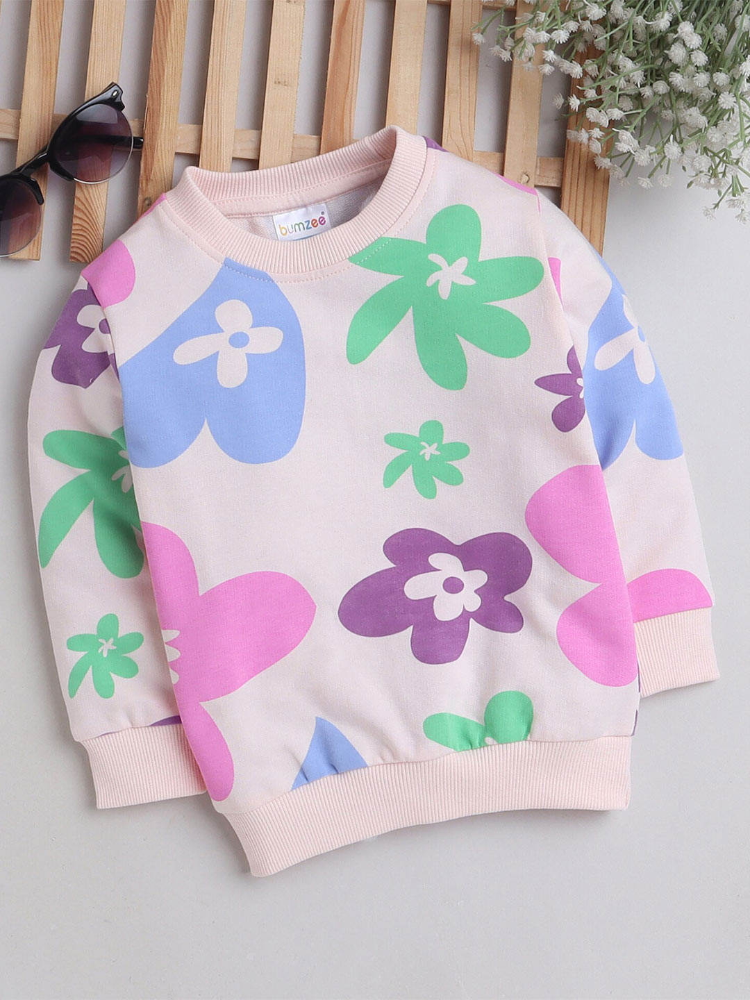 

BUMZEE Girls Floral Printed Cotton Pullover Sweatshirt, Pink