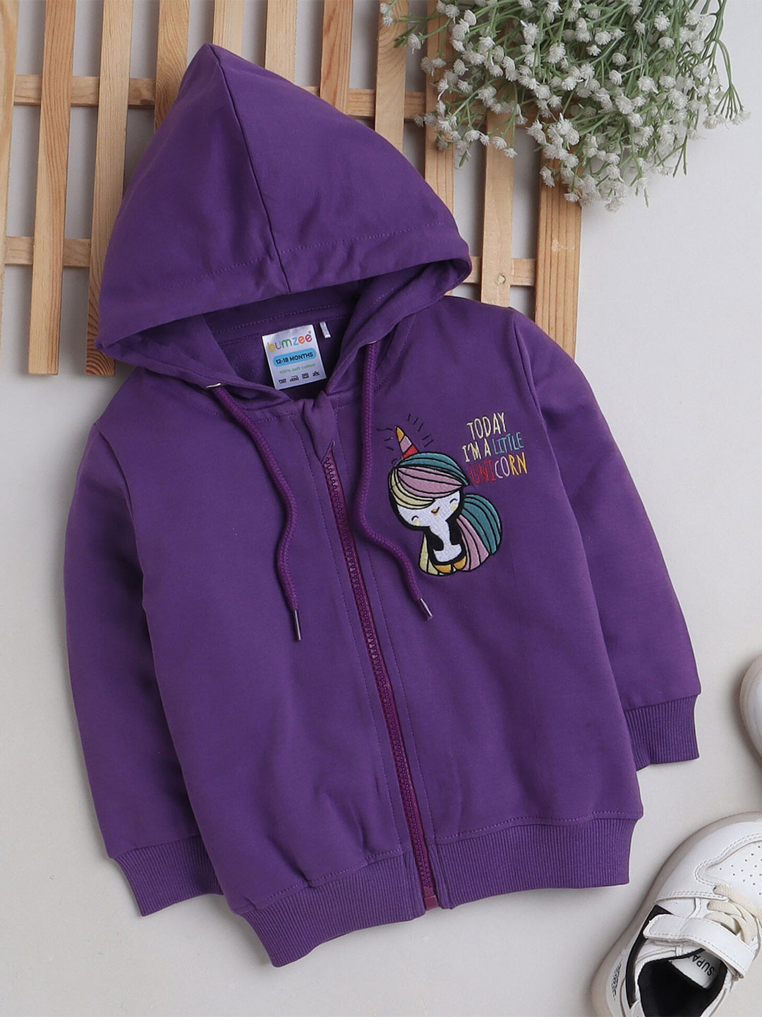 

BUMZEE Girls Hooded Typogreaphy Printed Cotton Front Open Sweatshirt, Purple