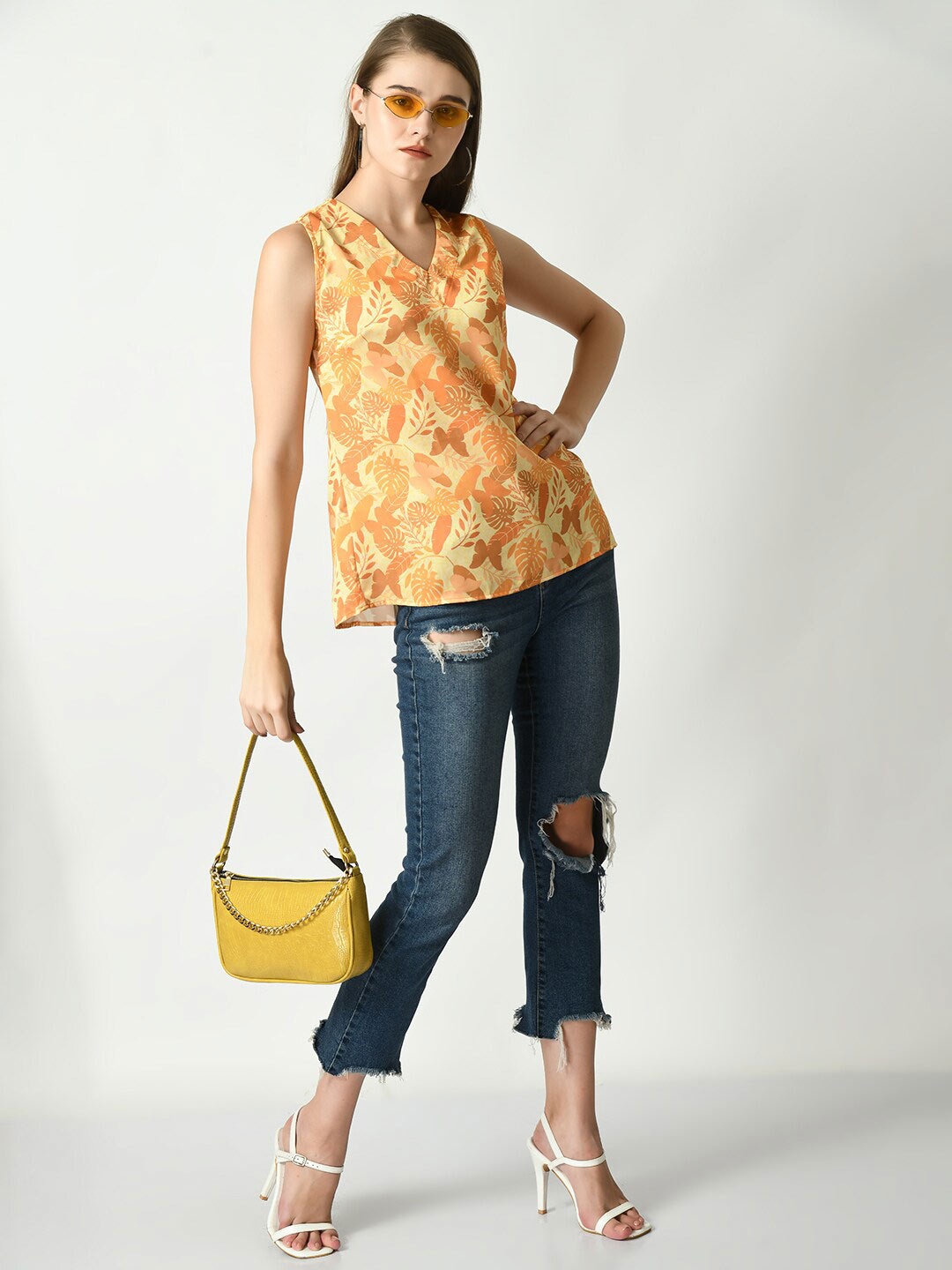 

DressBerry Mustard Yellow Floral Printed V-Neck Satin Top